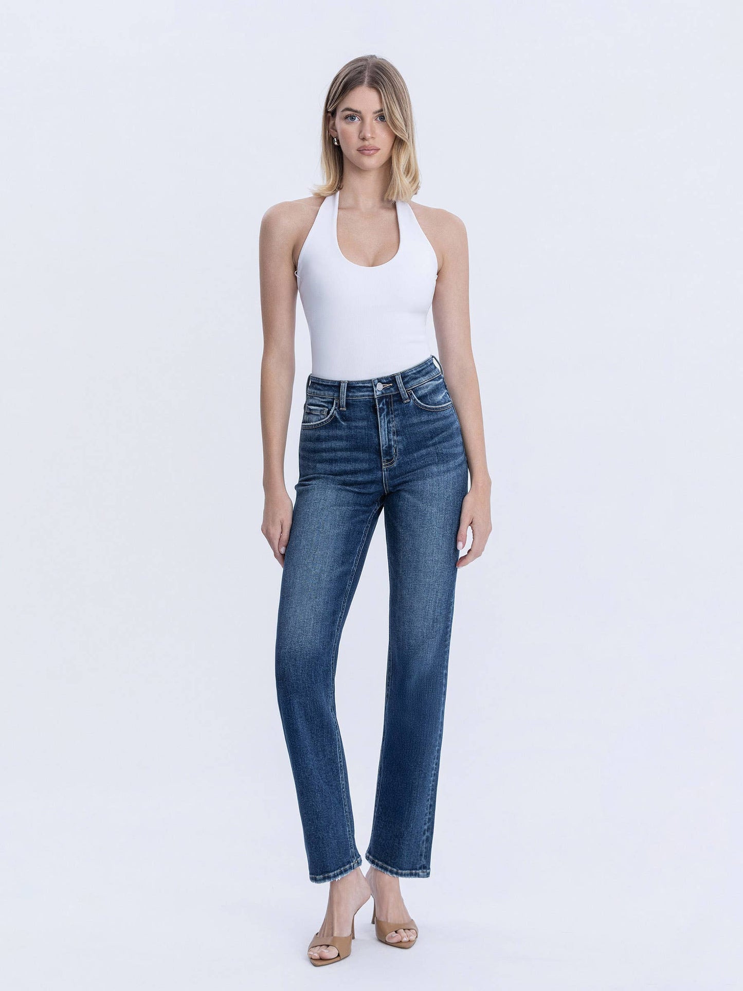 HIGH RISE FULL LENGTH DARK WASH STRAIGHT JEANS