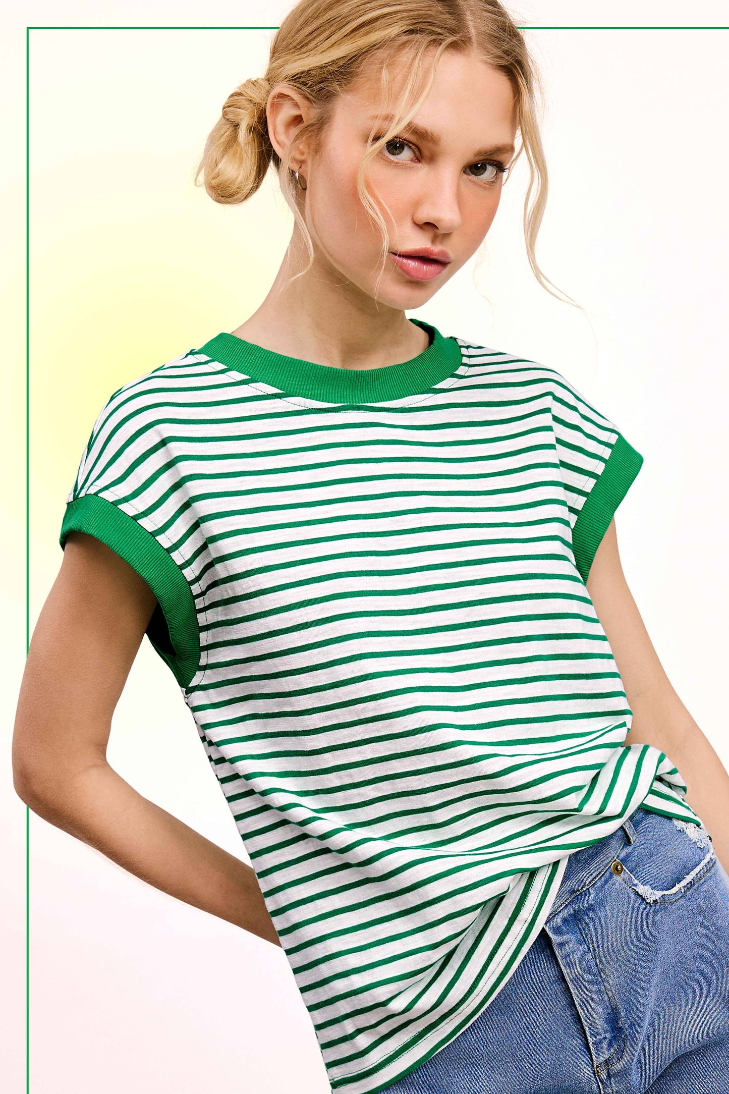 Nautical Cap Sleeve Striped Top Apple Green