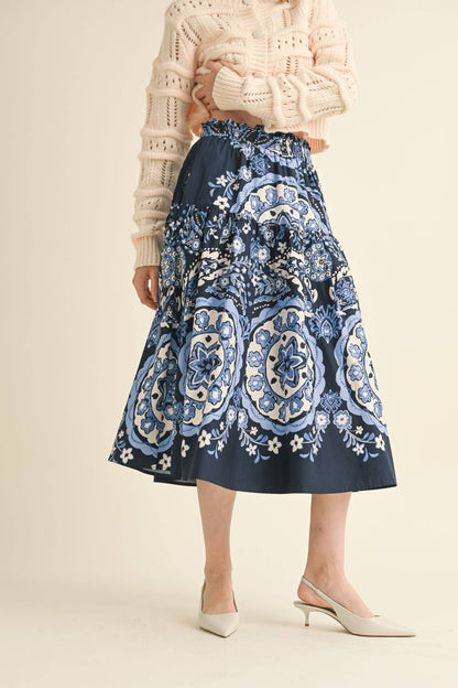 Navy Medallion Pull on Skirt