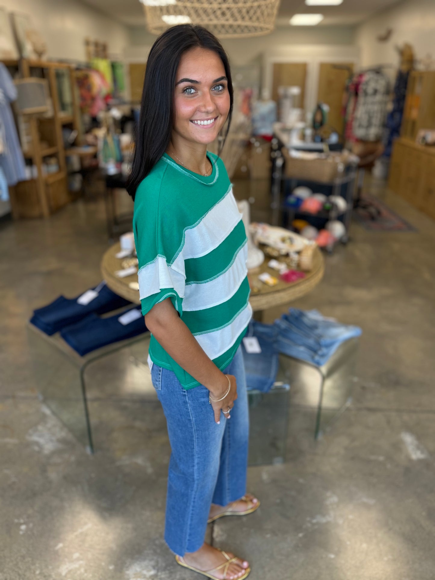 French Terry Striped Top K Green