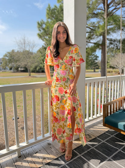 Gift of Love Flutter Sleeve Plunging Maxi Dress