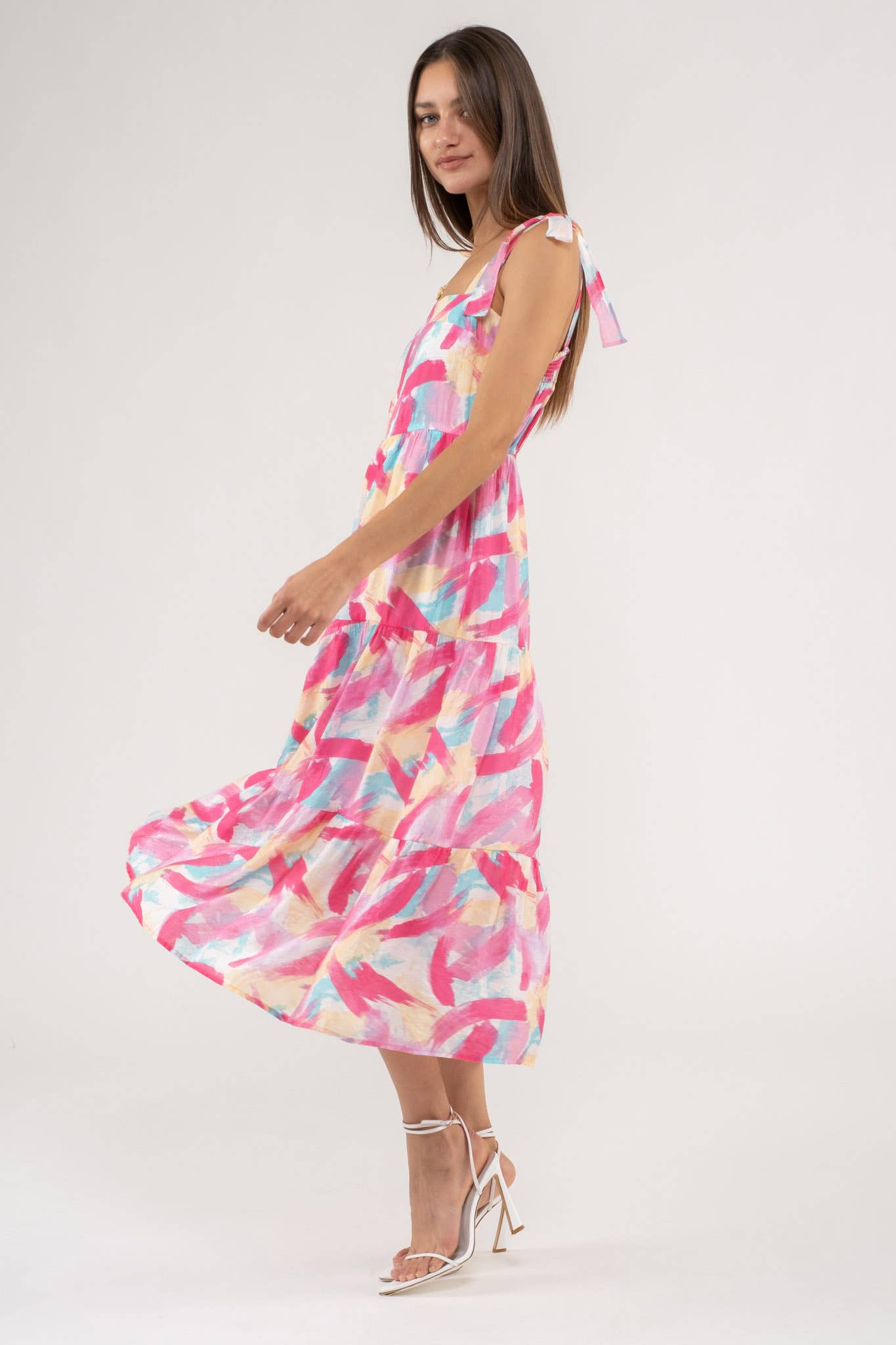 BRUSH STROKE PRINT TIERED MIDI DRESS