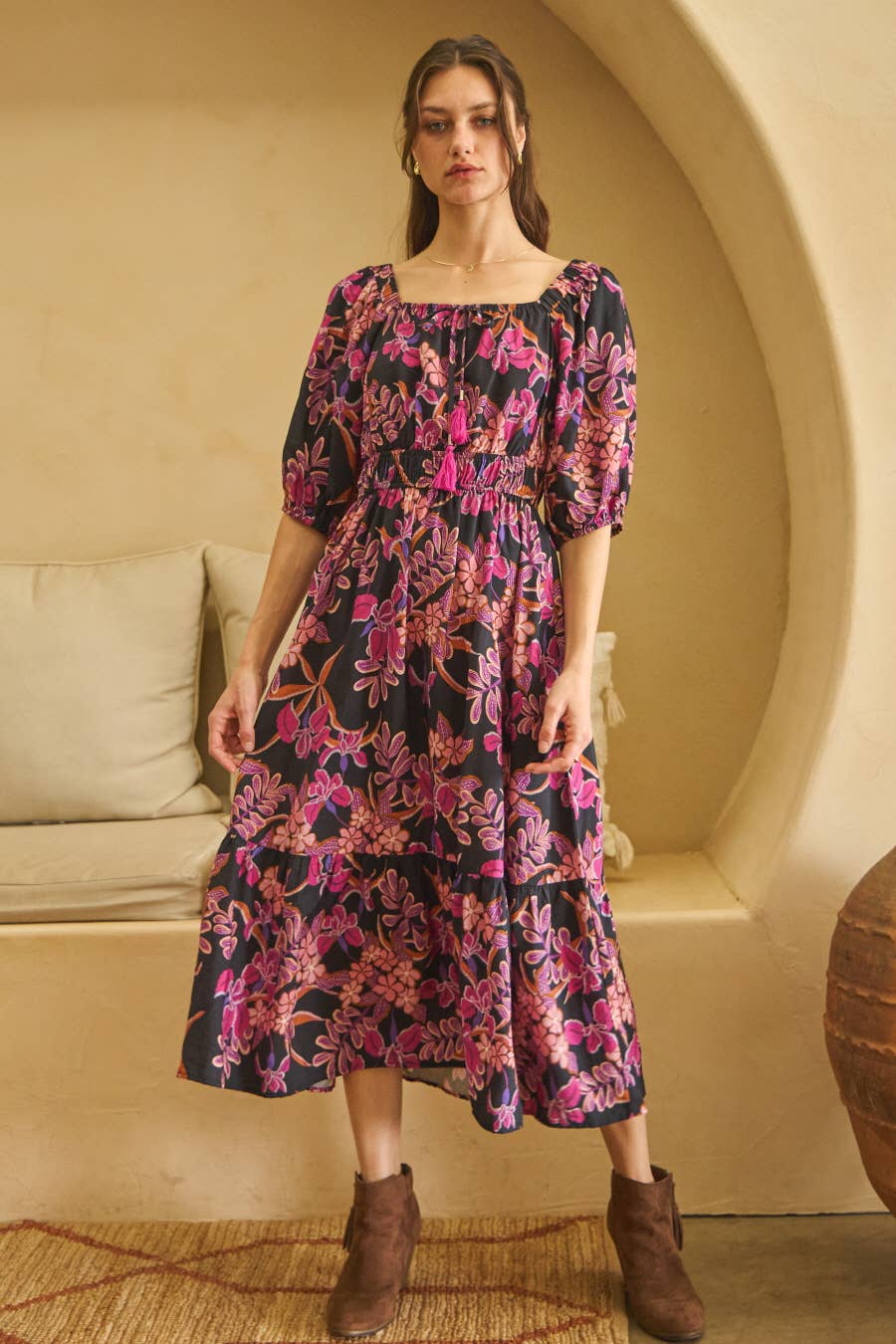 marisol midi dress Marisol Floral Smock Midi Dress White Blue Multi / XS
