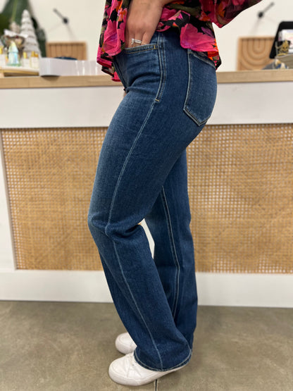 HIGH RISE FULL LENGTH DARK WASH STRAIGHT JEANS