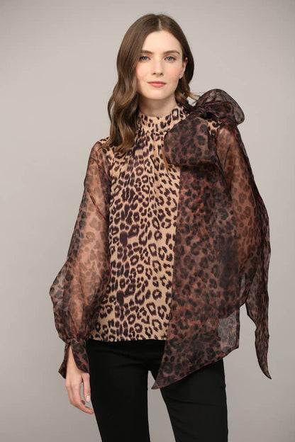 ANIMAL PRINT SHEER SLV BOW TIE BLOUSE
