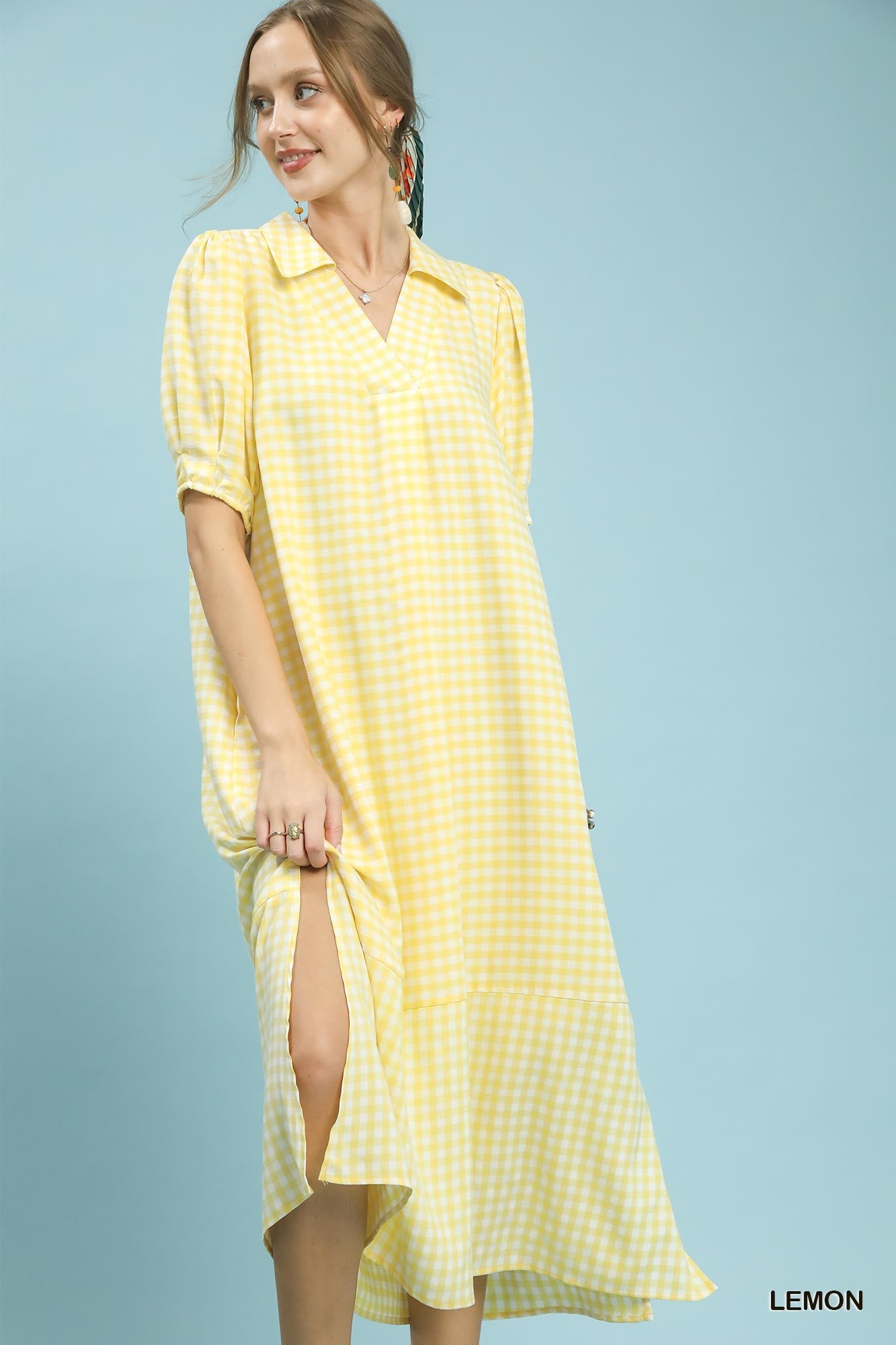 Gingham Midi Dress in Buttered Yellow
