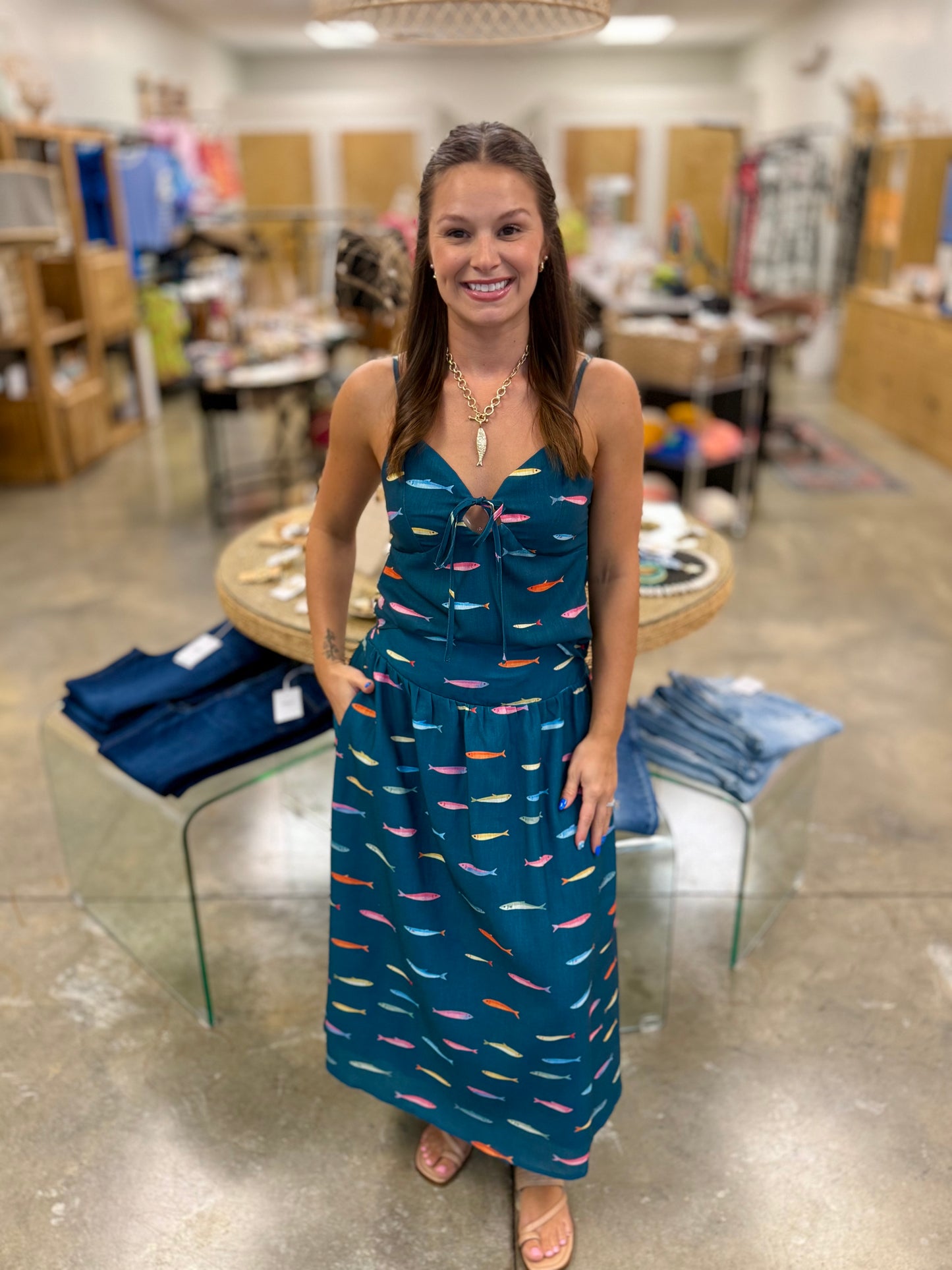 Fin Print in Teal Smocked Midi Skirt