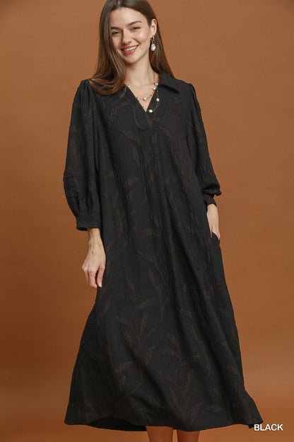 Jacquard Collared Midi Dress in Black
