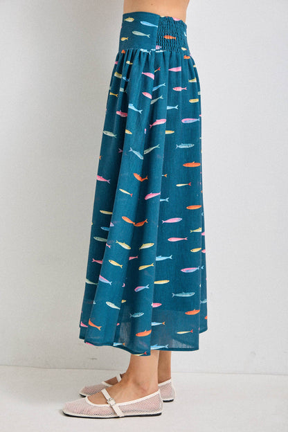 Fin Print in Teal Smocked Midi Skirt