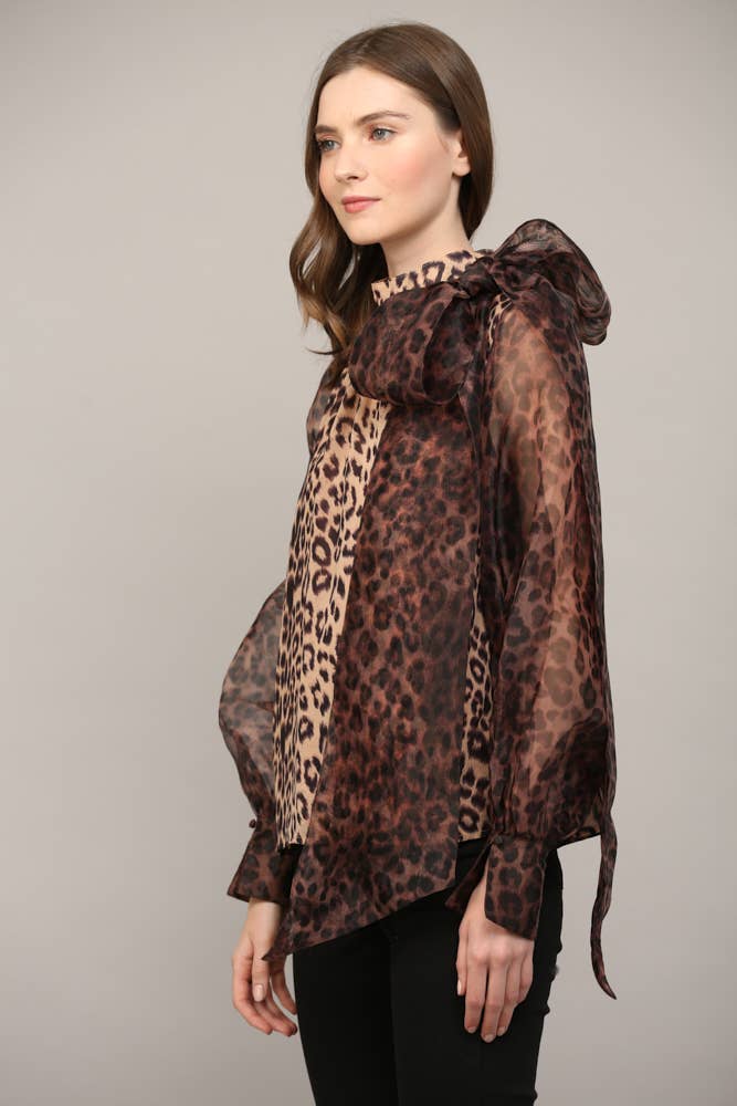 ANIMAL PRINT SHEER SLV BOW TIE BLOUSE