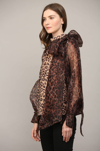 ANIMAL PRINT SHEER SLV BOW TIE BLOUSE
