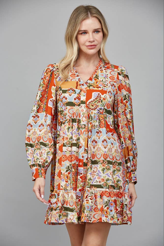 Patchwork Ruffled Mini Dress