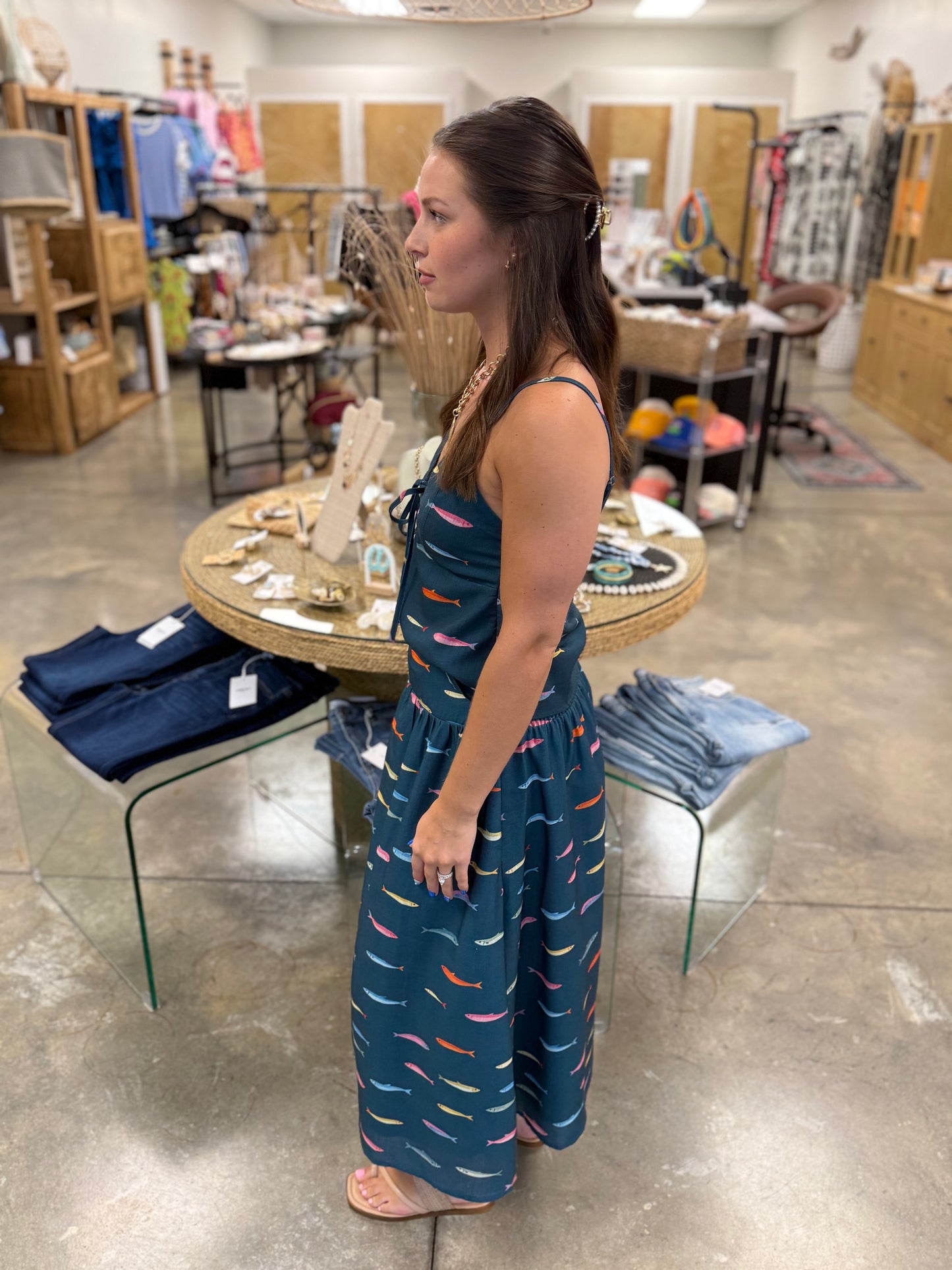 Fin Print in Teal Midi Dress
