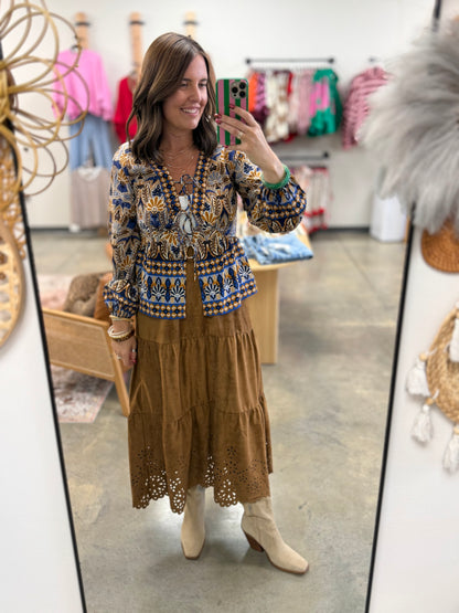 The Lainey Sued Midi Skirt-Tan Brown