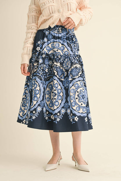 Navy Medallion Pull on Skirt