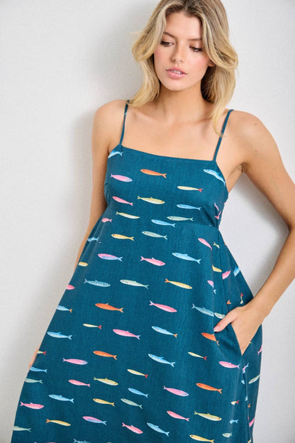 Fin Print in Teal Midi Dress