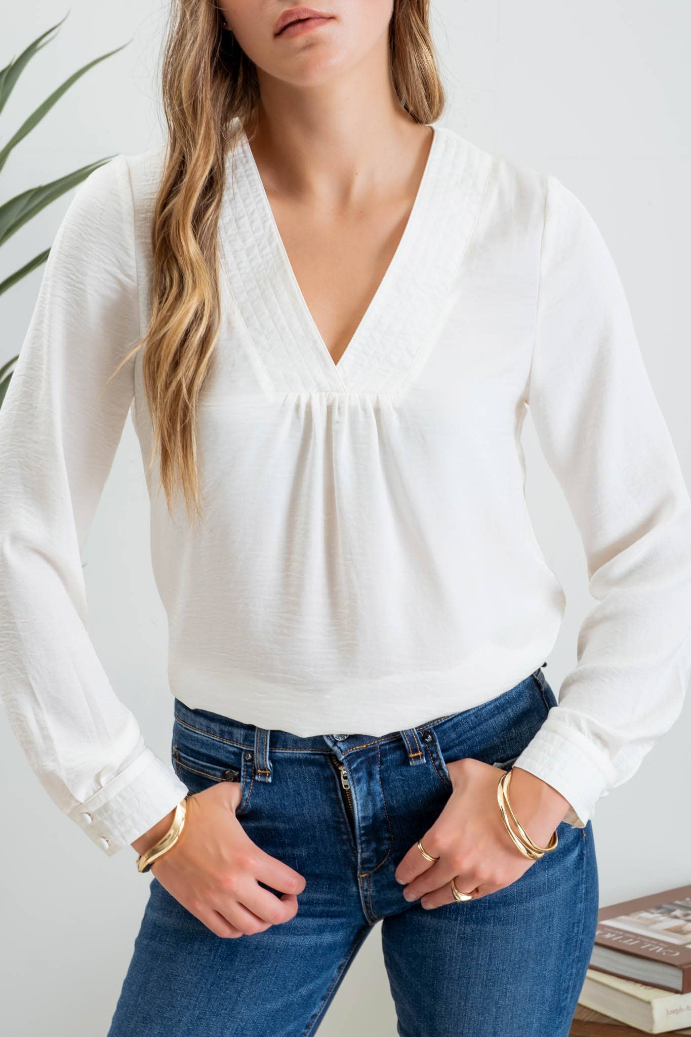 TEXTURED SATIN V NECK LONG SLEEVE BLOUSE  IVORY