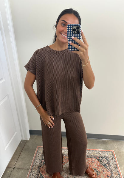 Raised Rib Relaxed Top & Pants Set Chocolate