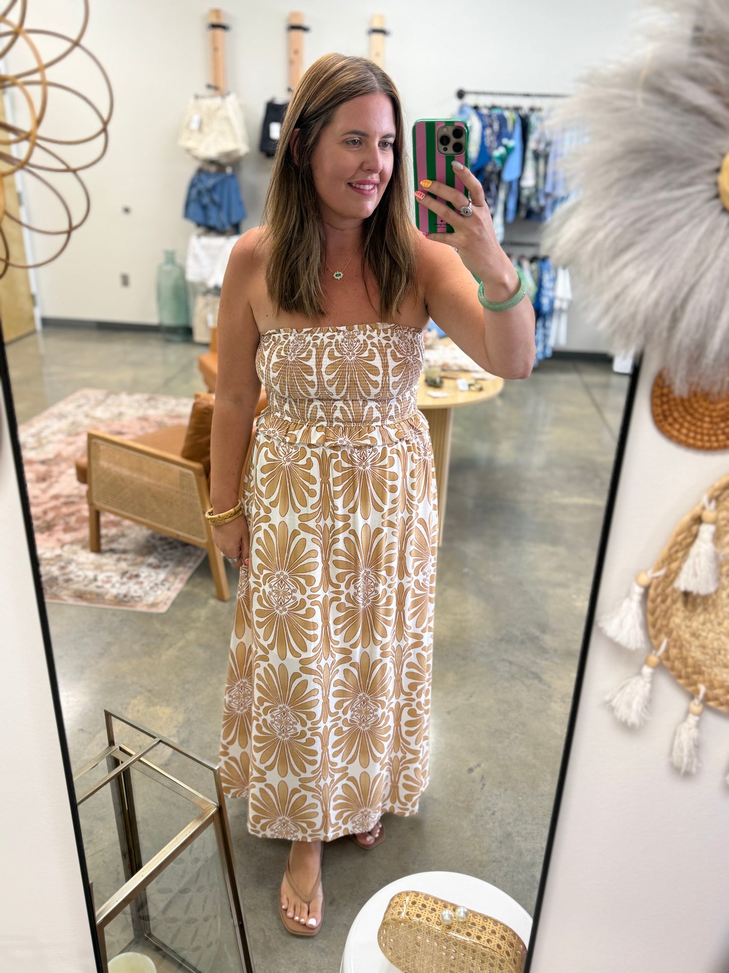 DEMASK PATTERN STRAPLESS SMOCKED MIDI SUNDRESS