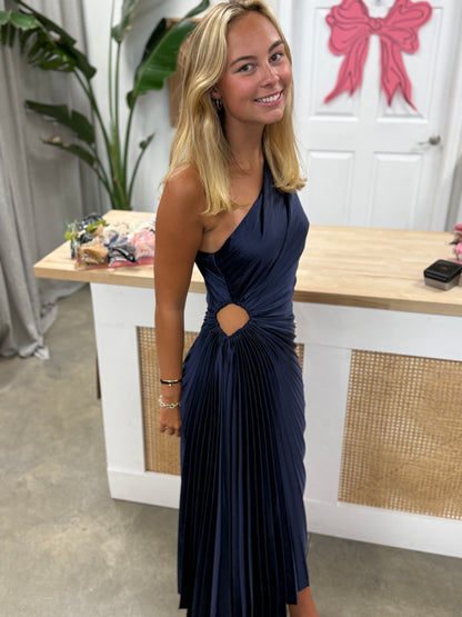 Olympia Asymmetrical Pleated Maxi Dress