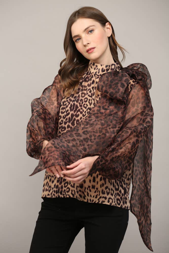 ANIMAL PRINT SHEER SLV BOW TIE BLOUSE