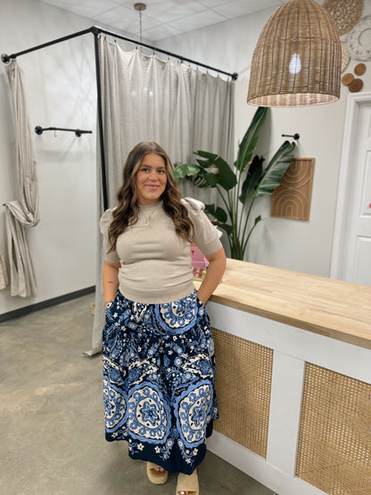 Navy Medallion Pull on Skirt