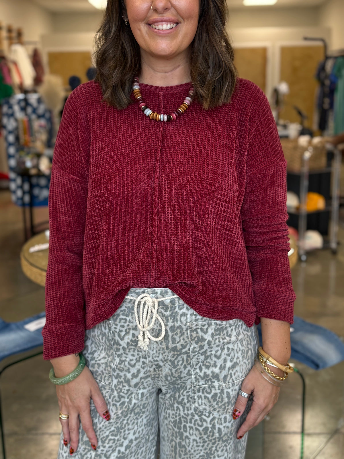 The Molly Chenille Waffle Sweater -Burgundy