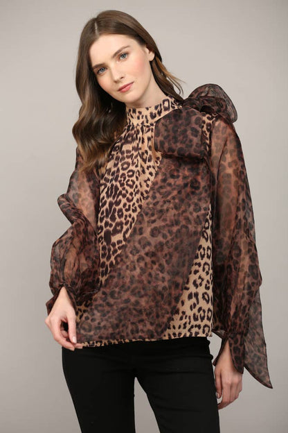 ANIMAL PRINT SHEER SLV BOW TIE BLOUSE