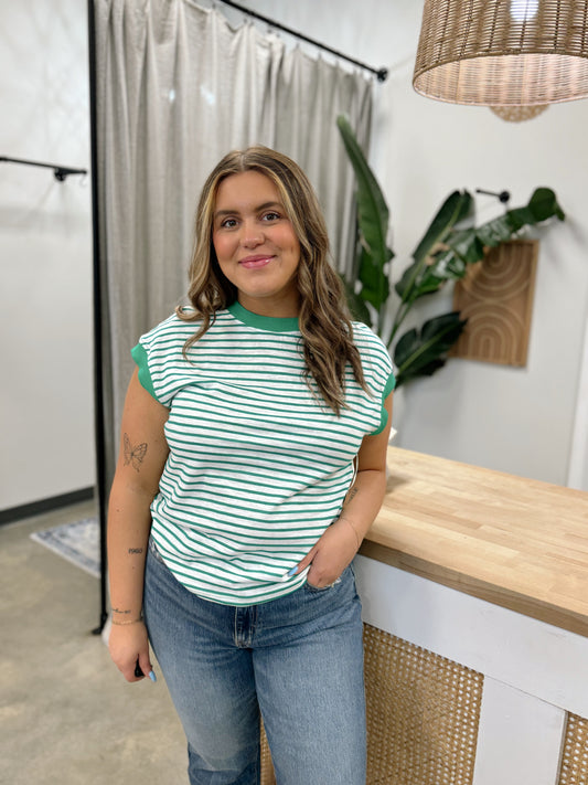 Nautical Cap Sleeve Striped Top Apple Green