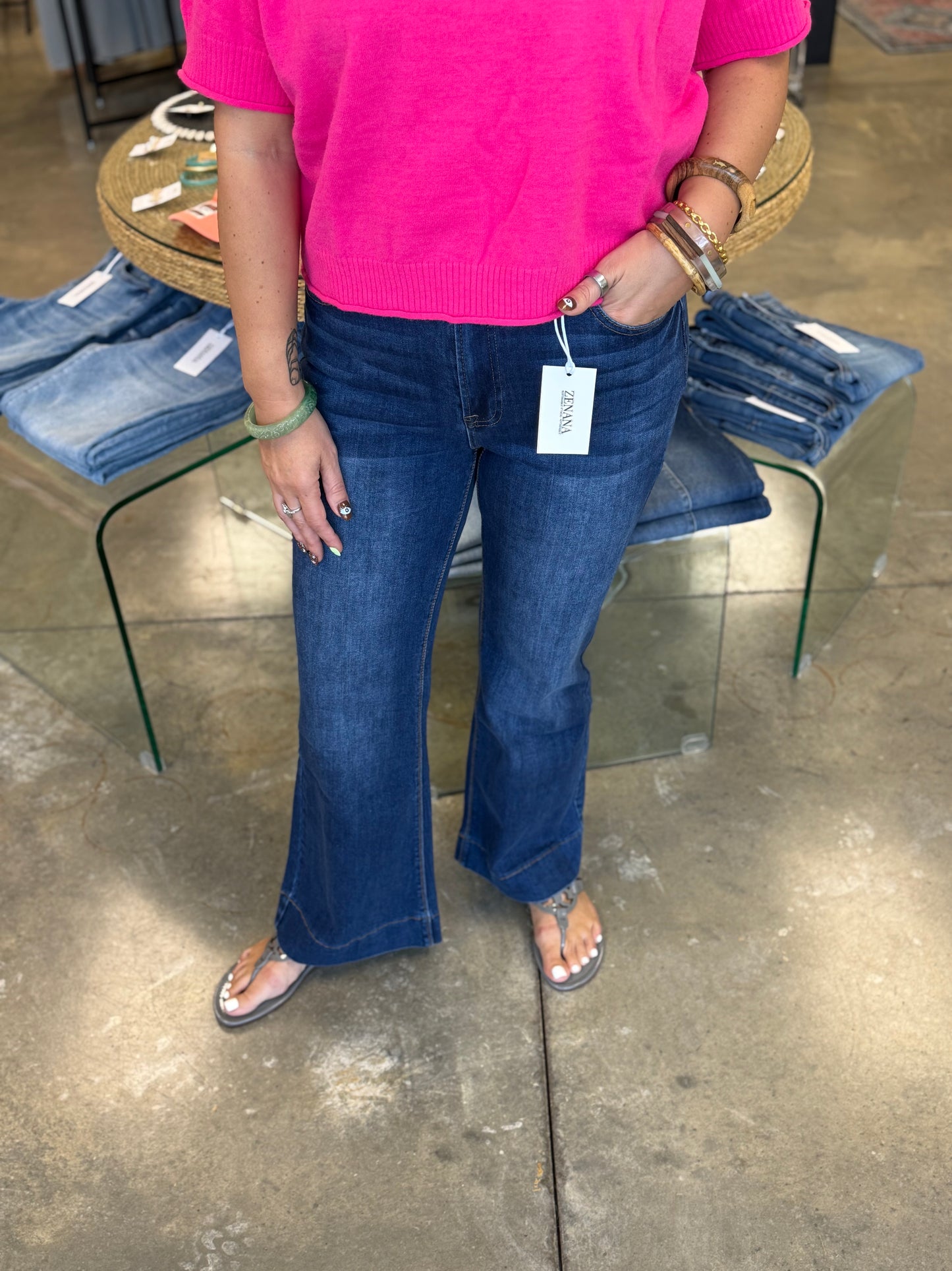 Tummy Control Elastic Waist Flare Denim Pants