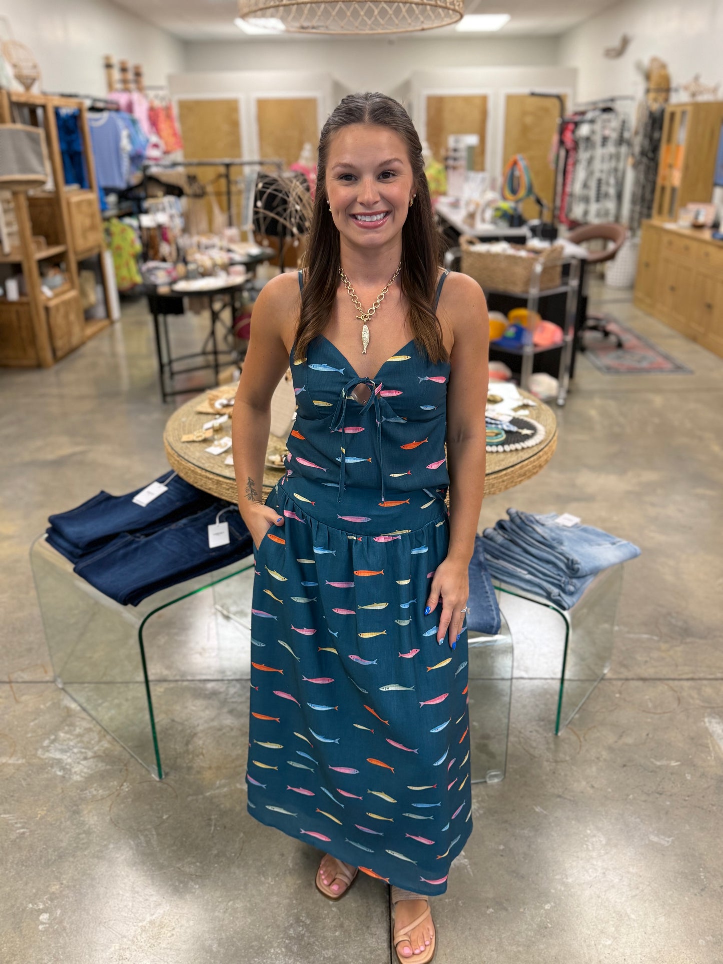 Fin Print in Teal Midi Dress