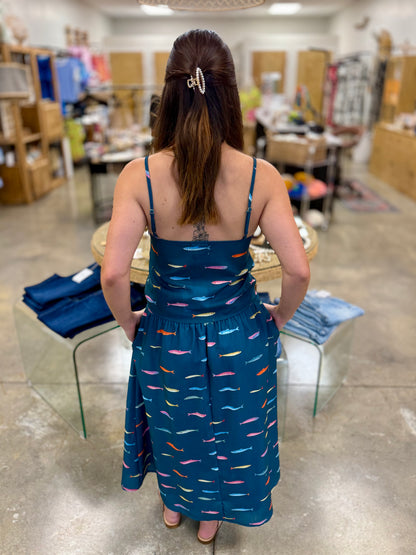 Fin Print in Teal Smocked Midi Skirt
