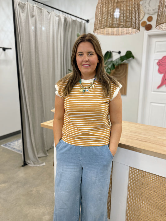Nautical Cap Sleeve Striped Top in Dalgona