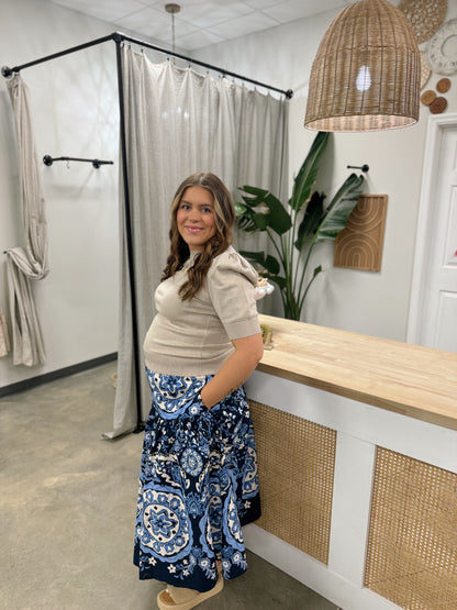 Navy Medallion Pull on Skirt