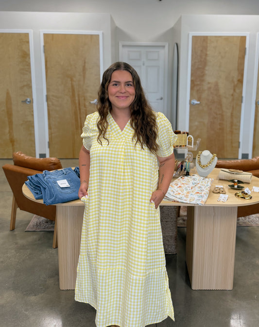 Gingham Midi Dress in Buttered Yellow