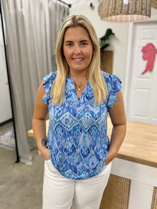 Blue Fair Isle Ruffle Sleeve Tank