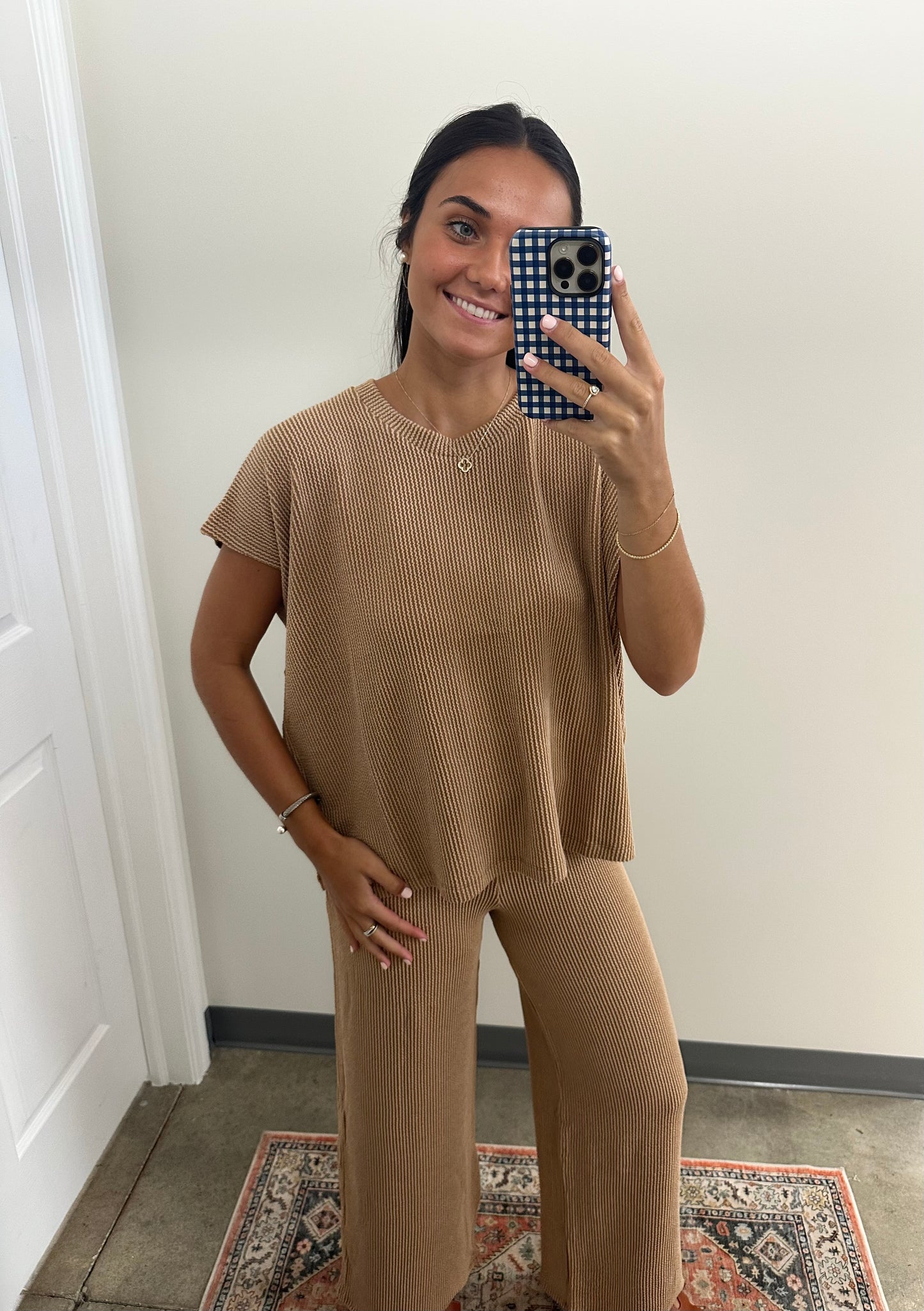 Raised Rib Relaxed Top & Pants Set Deep Camel