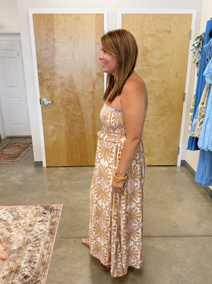 DEMASK PATTERN STRAPLESS SMOCKED MIDI SUNDRESS