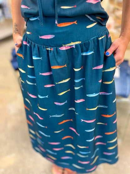 Fin Print in Teal Smocked Midi Skirt