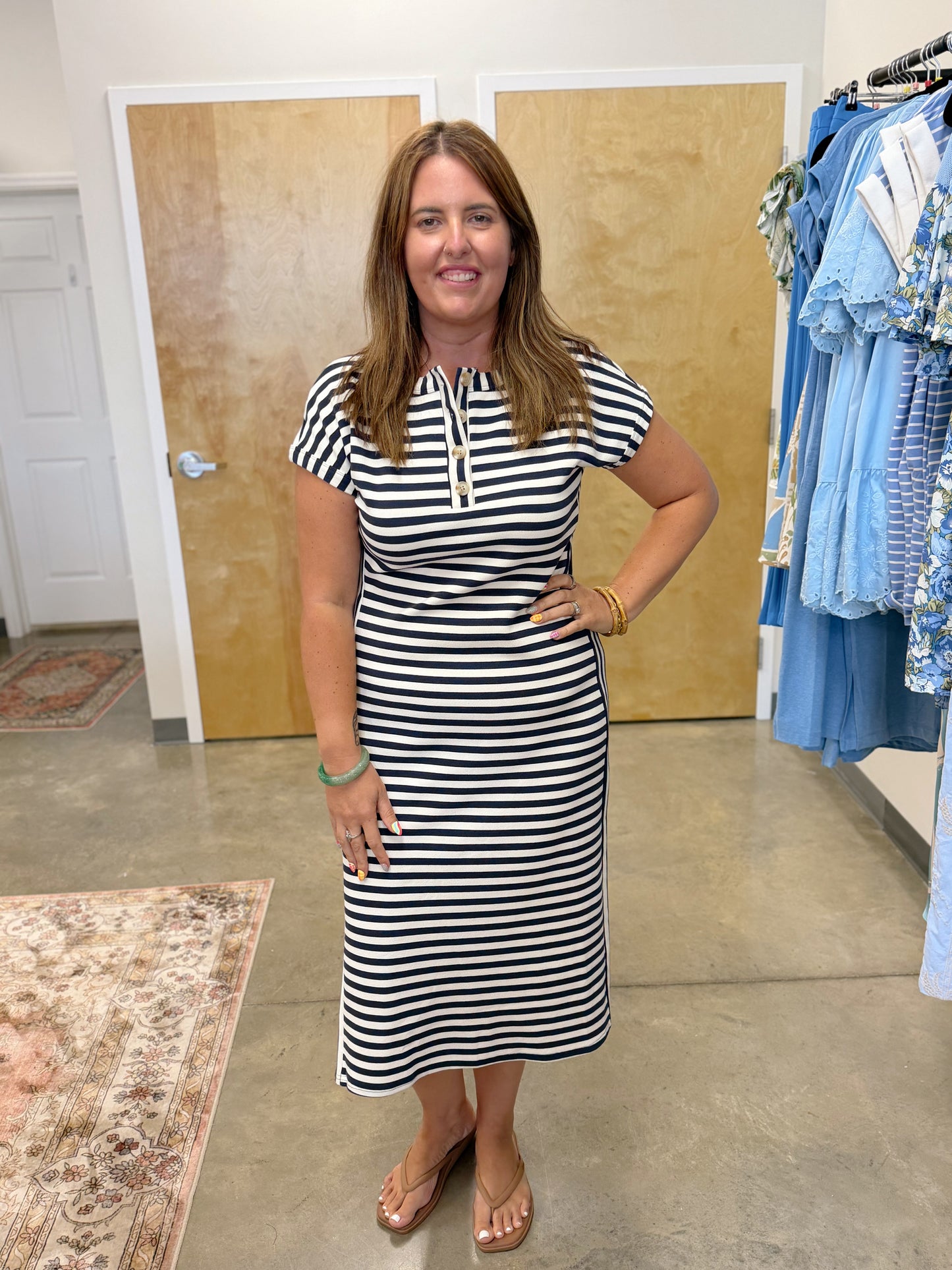 HENLEY SHORT SLEEVE KNIT MIDI DRESS NAVY