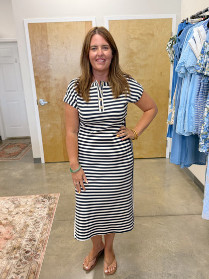 HENLEY SHORT SLEEVE KNIT MIDI DRESS NAVY