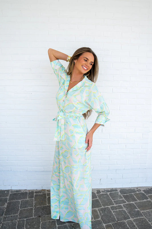 Serenity Point Maxi Dress - Aqua Print