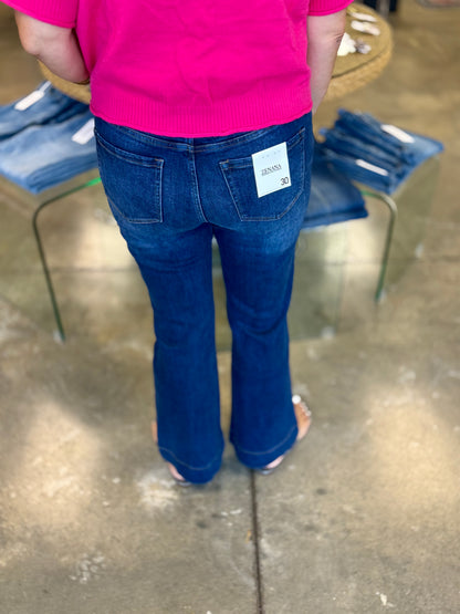 Tummy Control Elastic Waist Flare Denim Pants