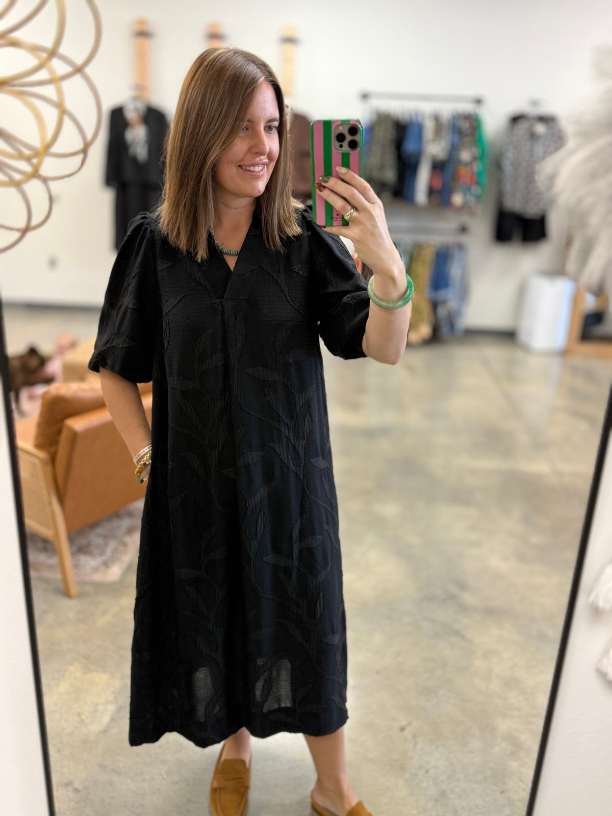 Jacquard Collared Midi Dress in Black