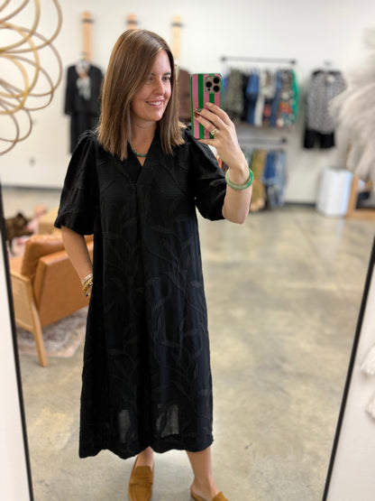Jacquard Collared Midi Dress in Black