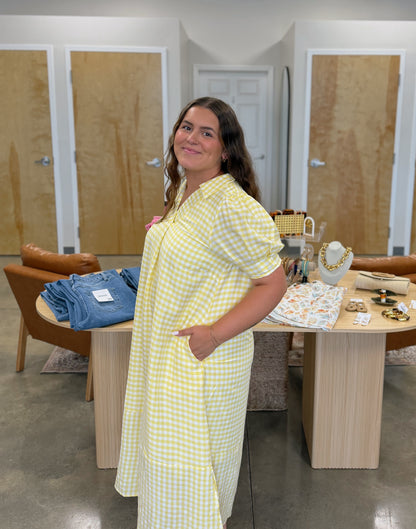 Gingham Midi Dress in Buttered Yellow