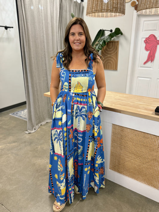 Retro Rio Blue Tropical Maxi Dress