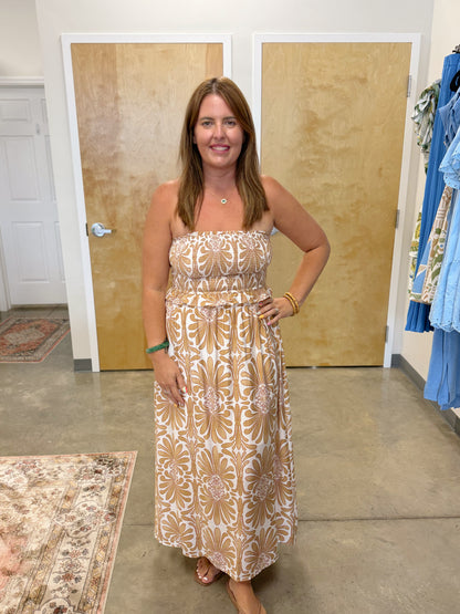 DEMASK PATTERN STRAPLESS SMOCKED MIDI SUNDRESS
