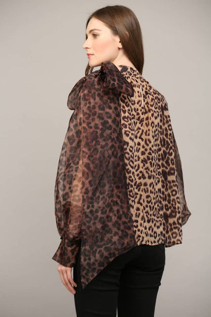 ANIMAL PRINT SHEER SLV BOW TIE BLOUSE