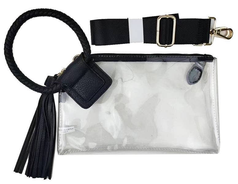 See Through Clear Cuff Handle Tassel Wrislet Clutch Black